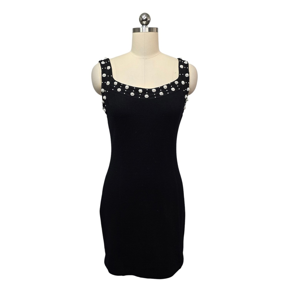 Vintage Adrienne Vittadini Black Sheath Dress Sz 8 Embellished Square Neck Wool